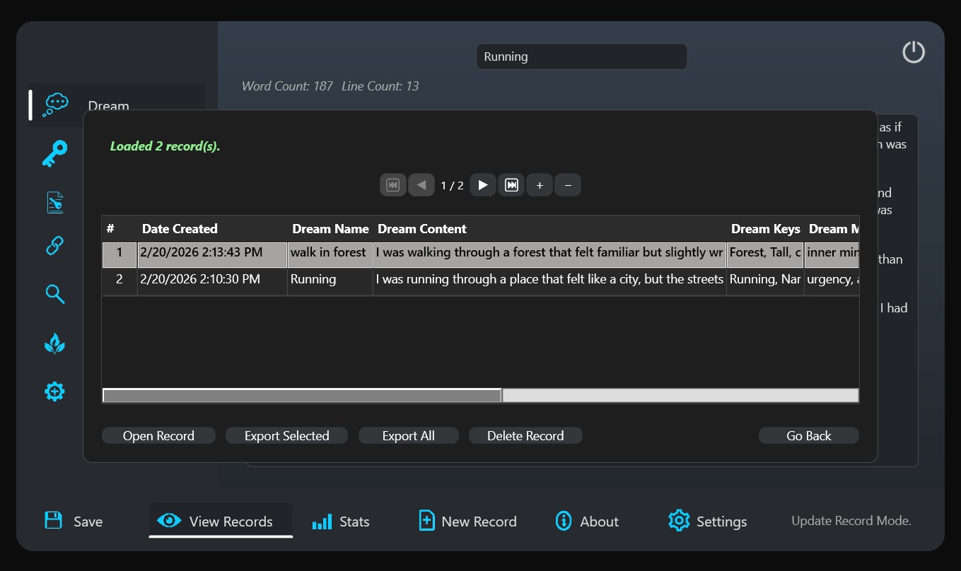 Dream Recorder View Records Window