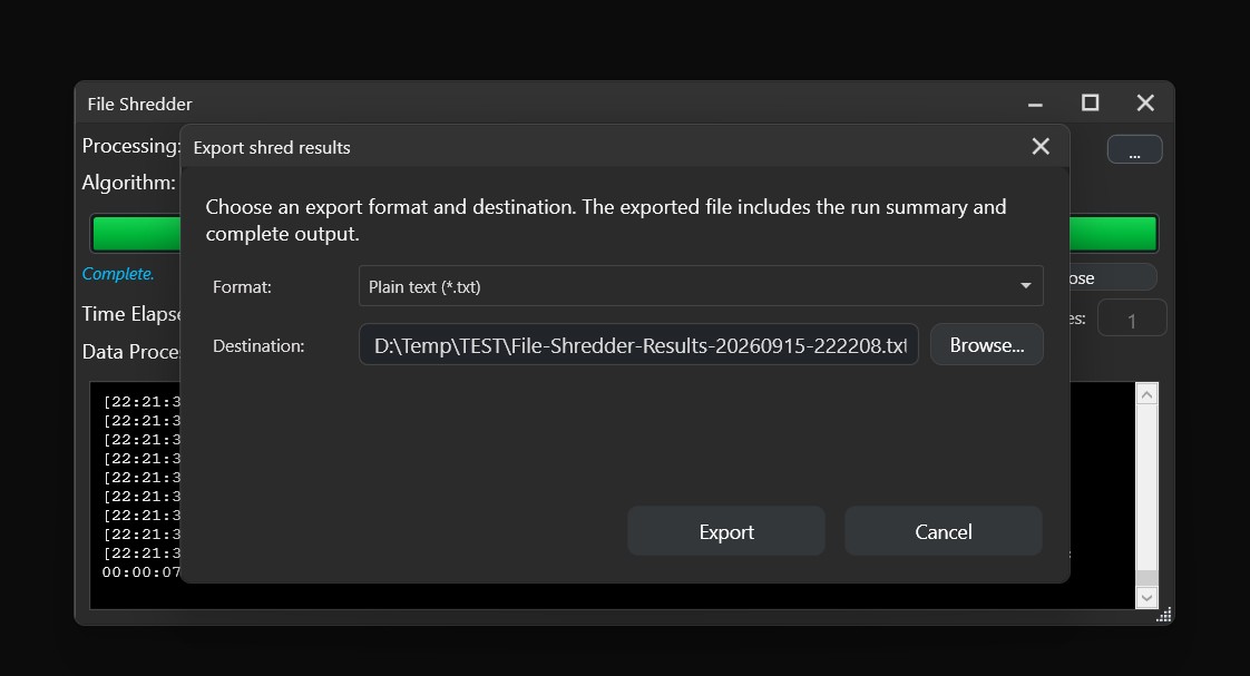 File Shredder export options