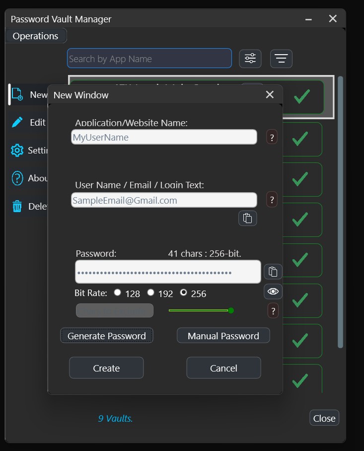 Password Vault Manager New Vault Window