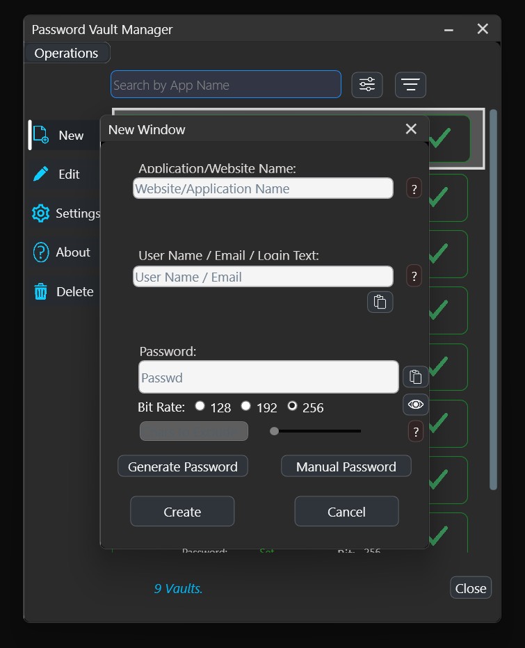 Password Vault Manager New Vault Window