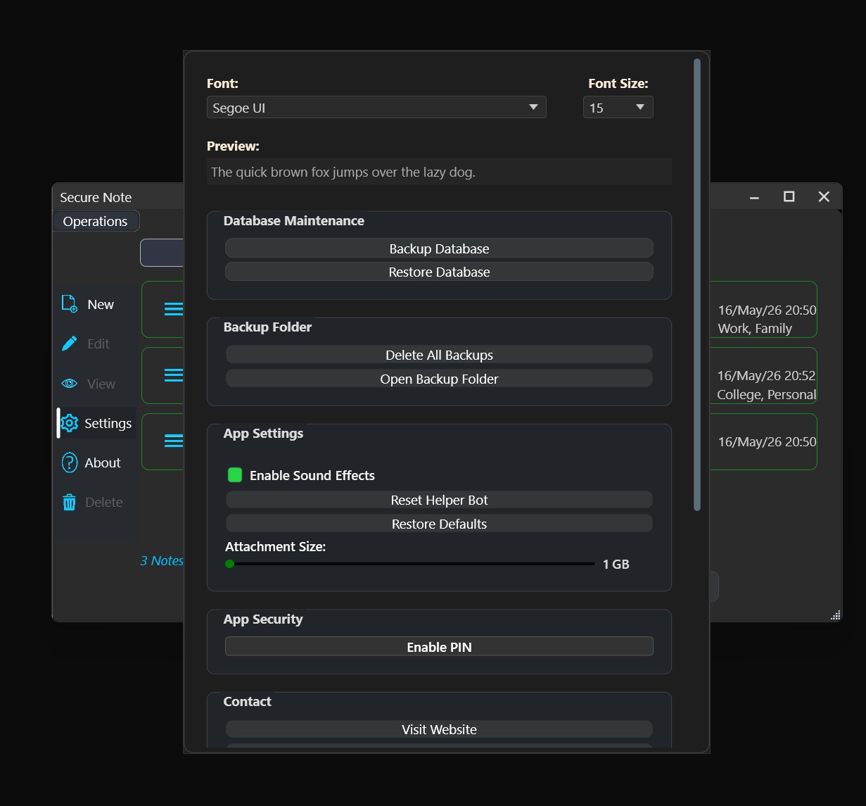 Secure Note Settings Window.