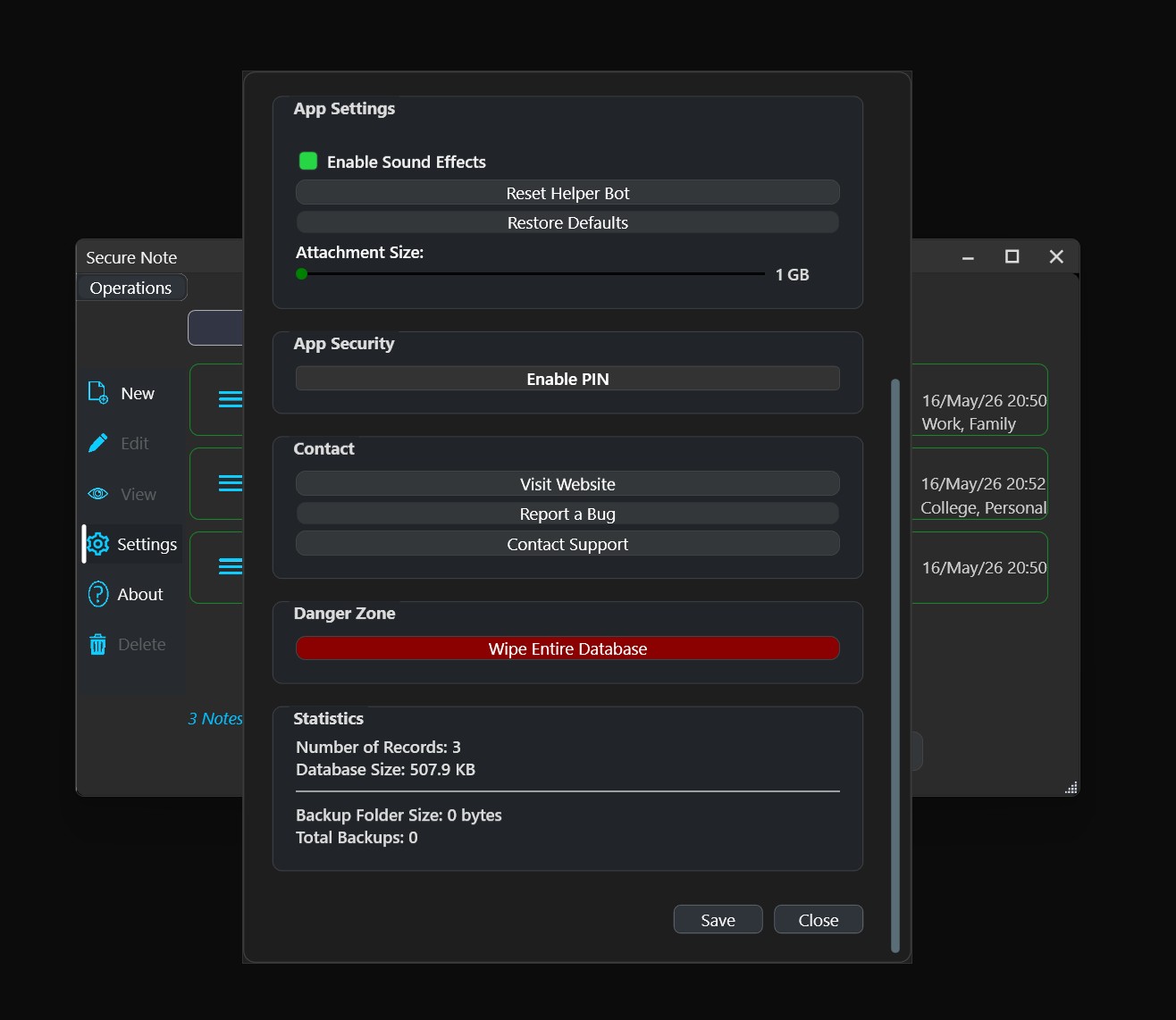 Secure Note Settings Window.