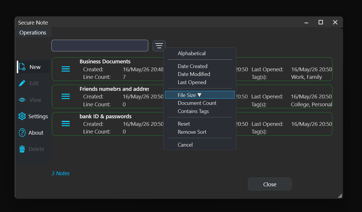 Secure Note Main Window Sort Functions.
